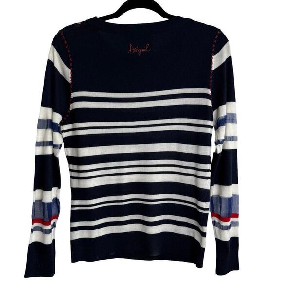 Desigual Womens Navy Long Sleeve Sweater Top Floral Striped Size M Boho Chic - Picture 6 of 13